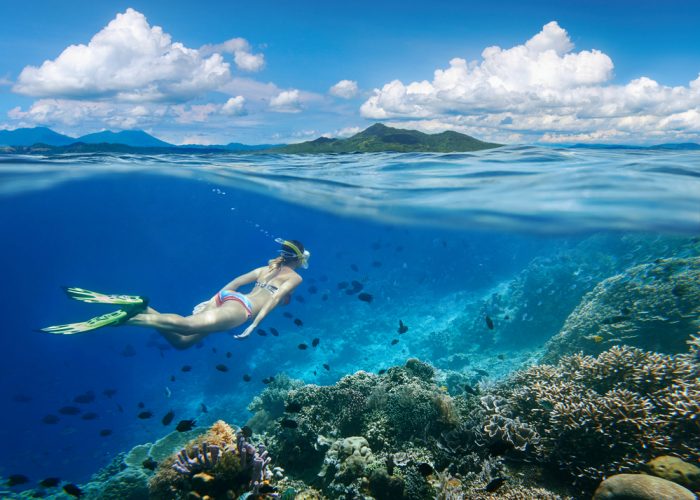Woman swims around a coral reef surrounded by a multitude of fish on the background Islands.
North Sulawesi, Indonesia.